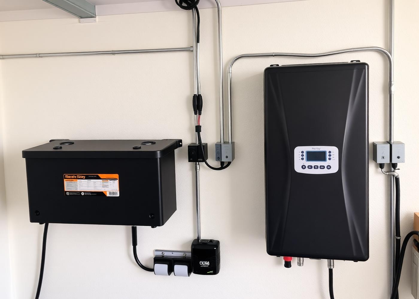 Home battery storage unit and inverter installed on a garage wall