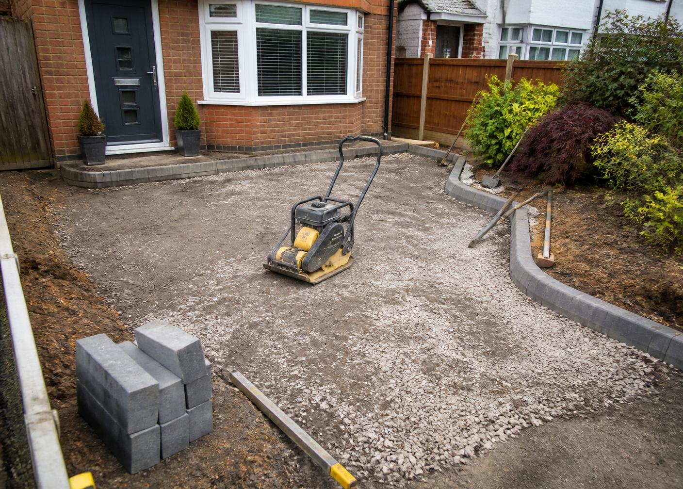 Driveway excavation with compacted sub-base and new edging kerbs
