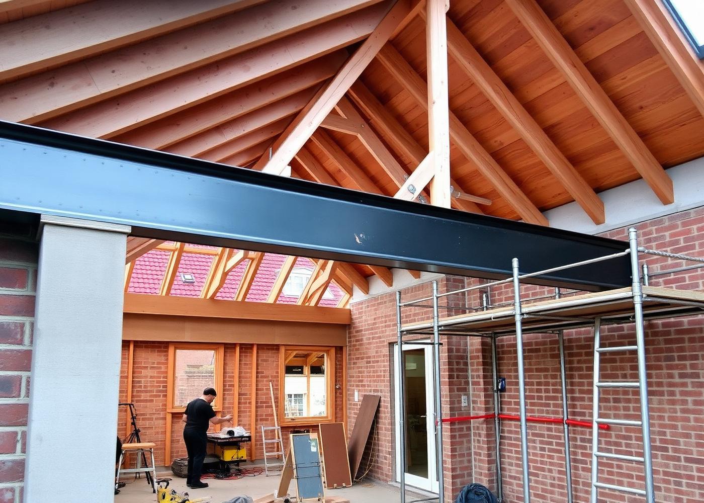 Rear extension under construction with steel beam and new roof joists