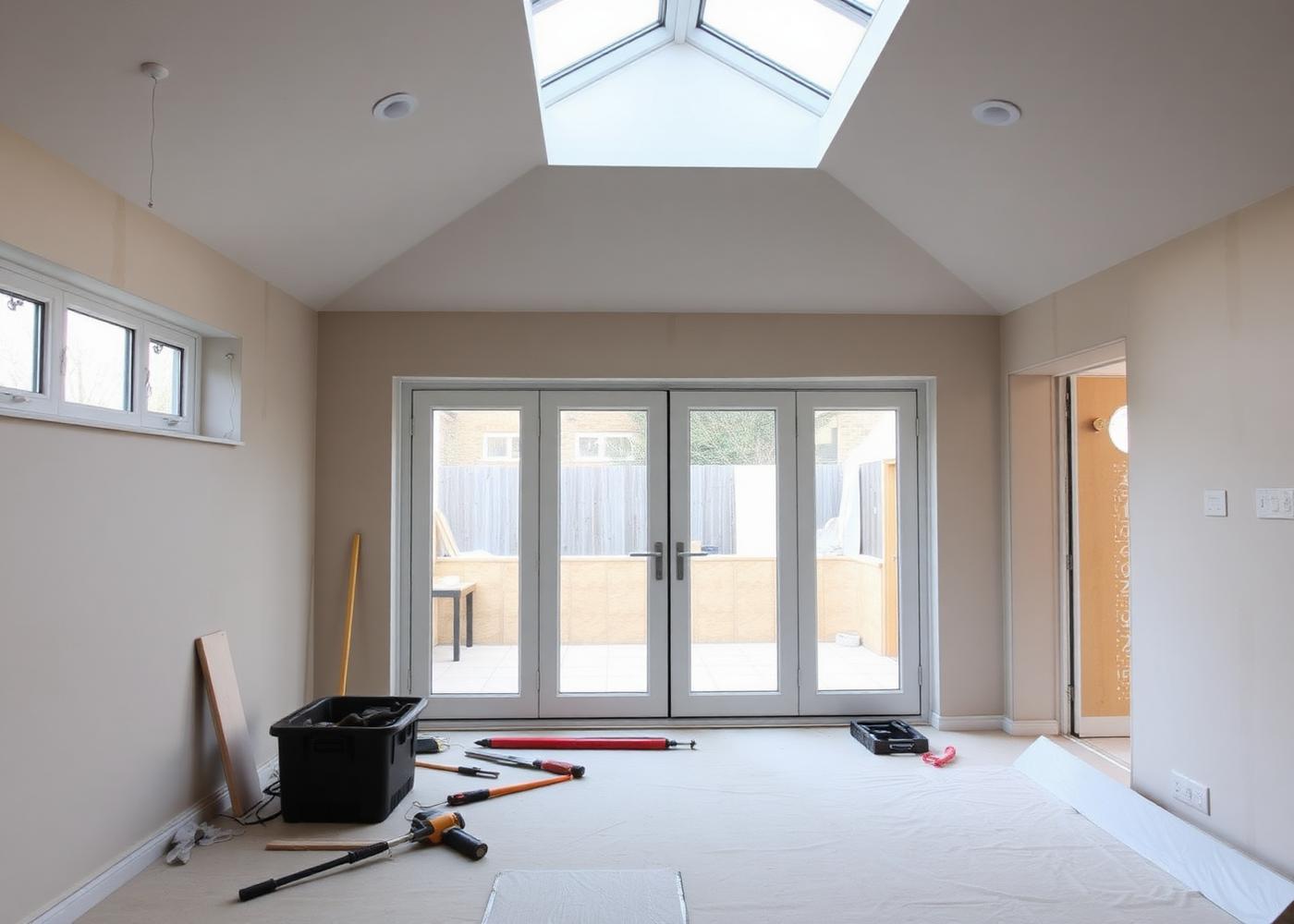 Kitchen extension interior with bifold doors and roof lantern before final finishes