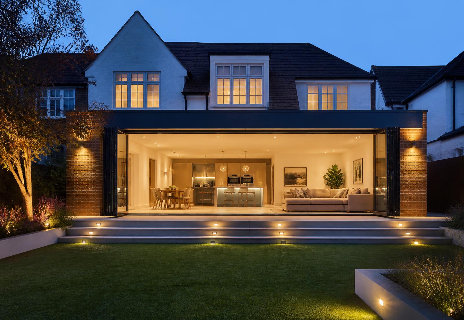 Completed glazed rear extension lit at dusk