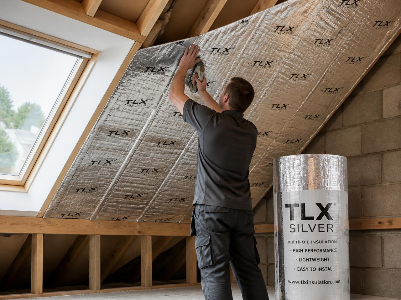 Installer fitting TLX Silver multifoil insulation between loft rafters