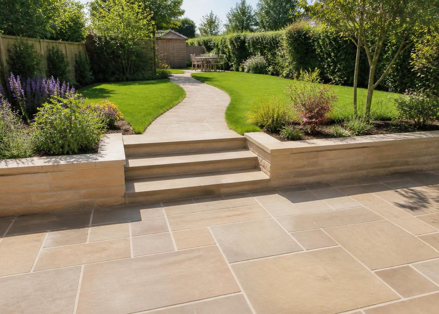 Indian sandstone patio with steps and pathway in a landscaped garden