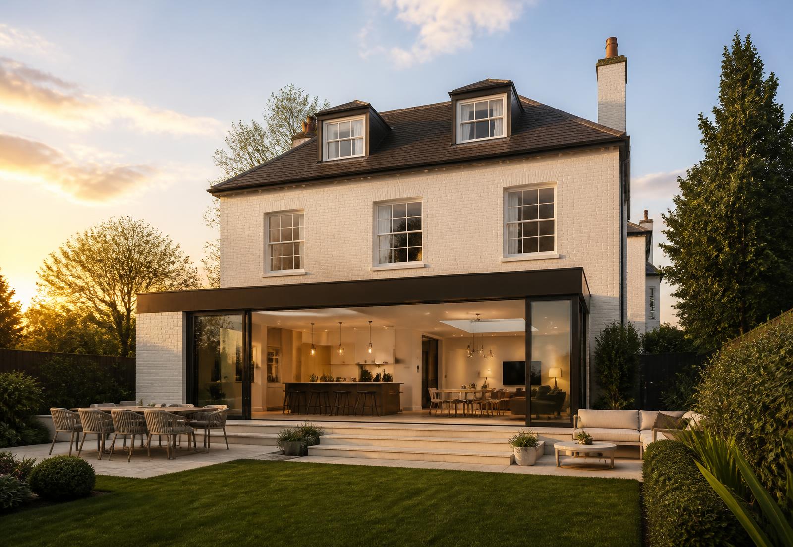 Premium Dorset home with a large glazed rear extension at golden hour