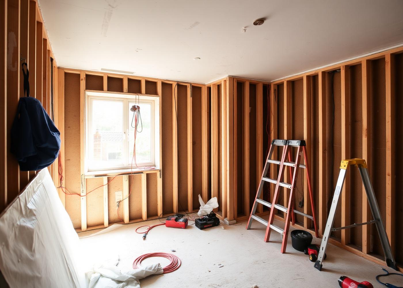 Room stripped back to studwork with first-fix wiring during a renovation