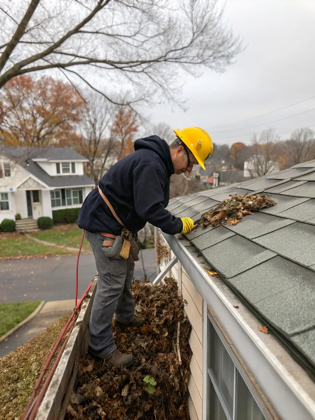 A worker safely clearing debris from a gutter using professional tools, with a focus on safety equipment like a harness and helmet.
