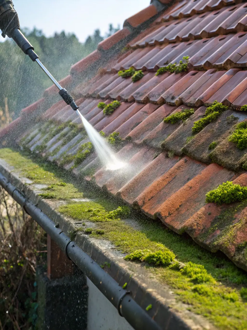 A high-angle shot of a worker power washing a roof, removing moss and algae, with a clean section of the roof visible to show the before and after effect. The house is a typical UK semi-detached house.