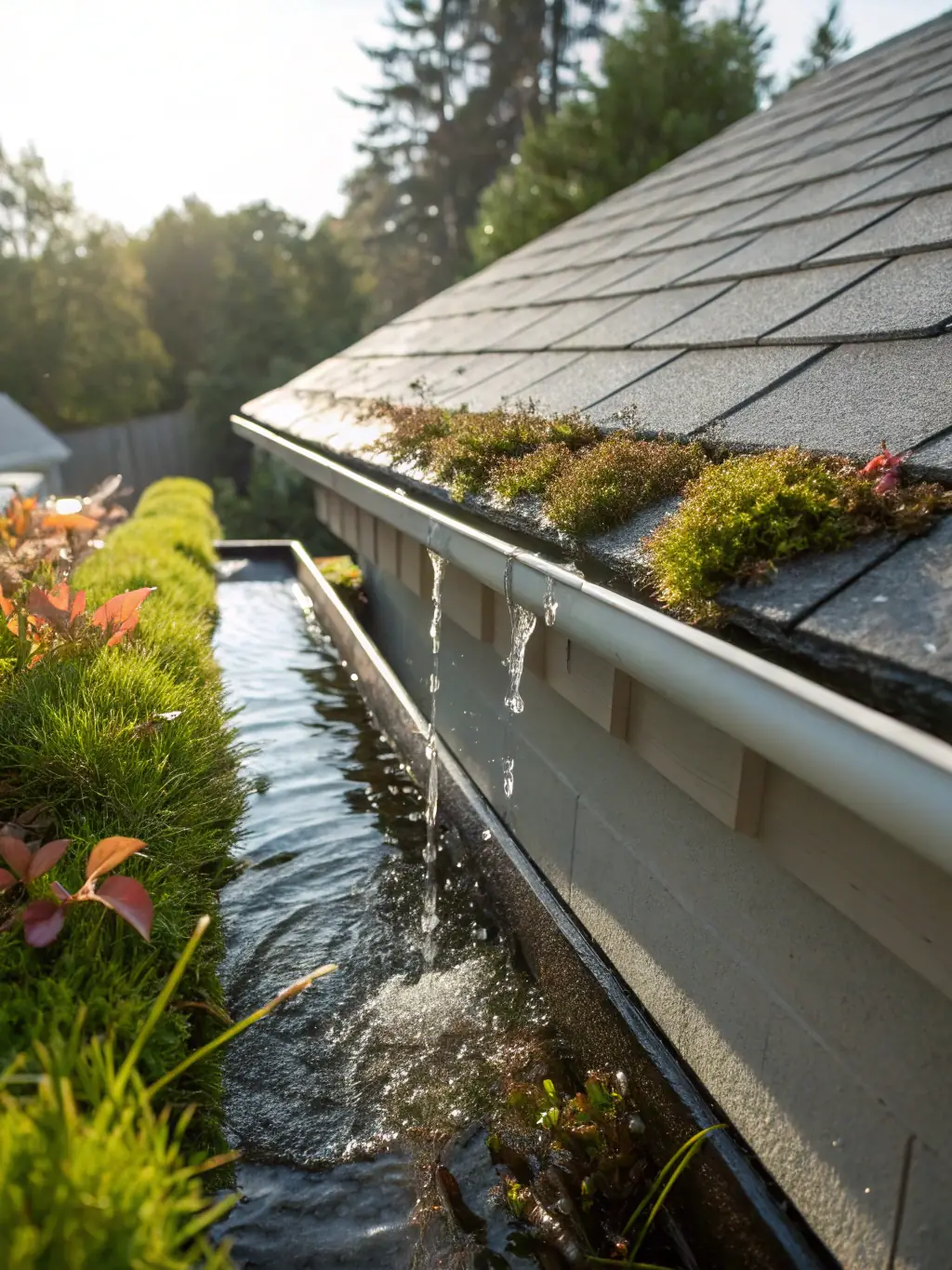 Close-up image of a clean gutter, free from leaves and debris, with water flowing freely through it. The gutter is attached to a well-maintained house.