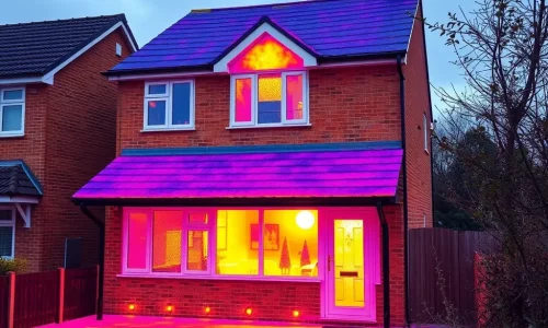 An exterior shot of a house with an infrared overlay showing heat loss through the roof, emphasizing the need for proper insulation.