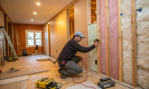 An image of fiberglass insulation rolls being installed between wall studs, demonstrating a traditional and cost-effective insulation method.
